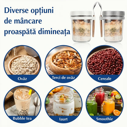 Set 2 Căni de Sticlă pentru Ovăz cu Capace și Lingurițe, Etanșe și Rezistente la Scurgeri
