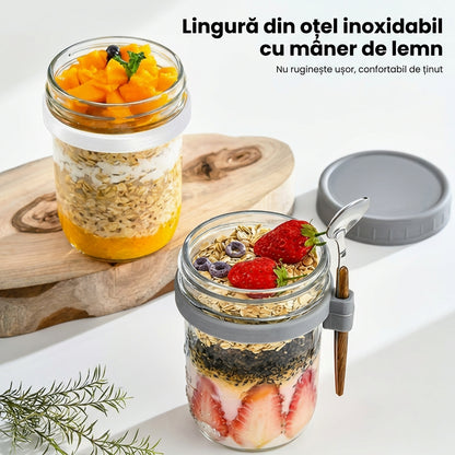 Set 2 Căni de Sticlă pentru Ovăz cu Capace și Lingurițe, Etanșe și Rezistente la Scurgeri