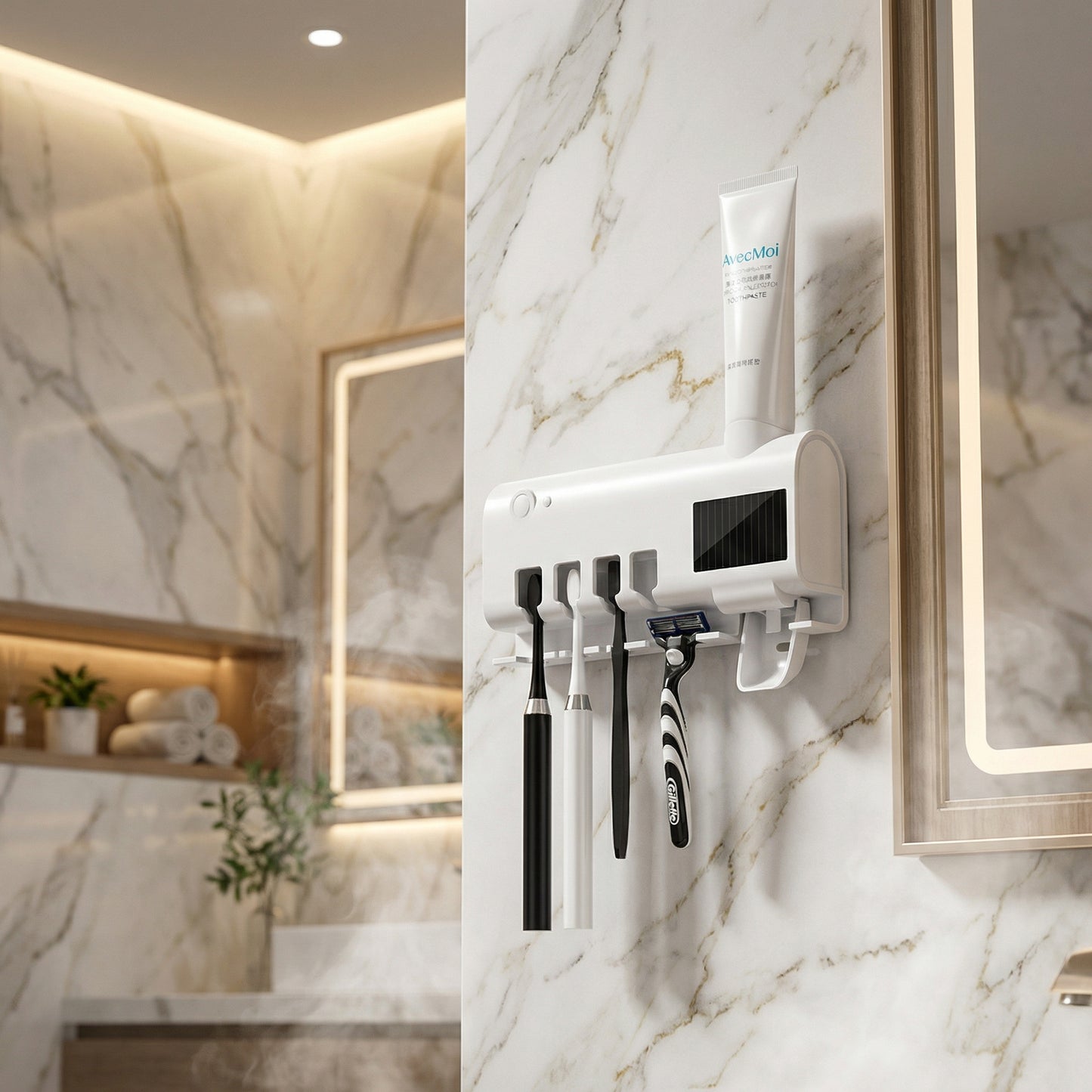 Suport pentru Periuțe de Dinți cu Dispenser Automatic de Pastă de Dinți, Funcție de Sterilizare, Alimentare UV și USB
