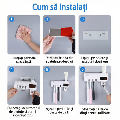 Suport pentru Periuțe de Dinți cu Dispenser Automatic de Pastă de Dinți, Funcție de Sterilizare, Alimentare UV și USB