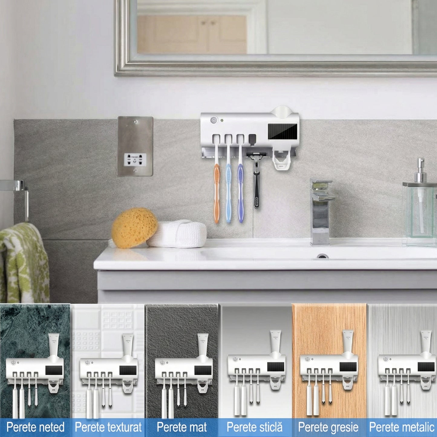 Suport pentru Periuțe de Dinți cu Dispenser Automatic de Pastă de Dinți, Funcție de Sterilizare, Alimentare UV și USB