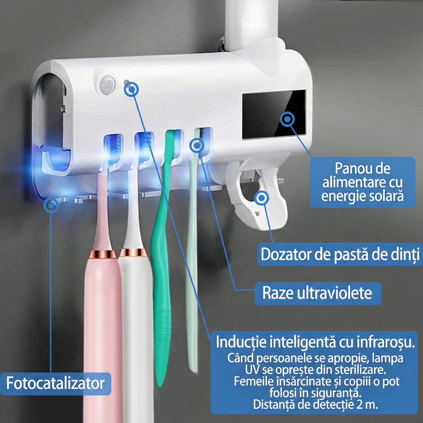 Suport pentru Periuțe de Dinți cu Dispenser Automatic de Pastă de Dinți, Funcție de Sterilizare, Alimentare UV și USB