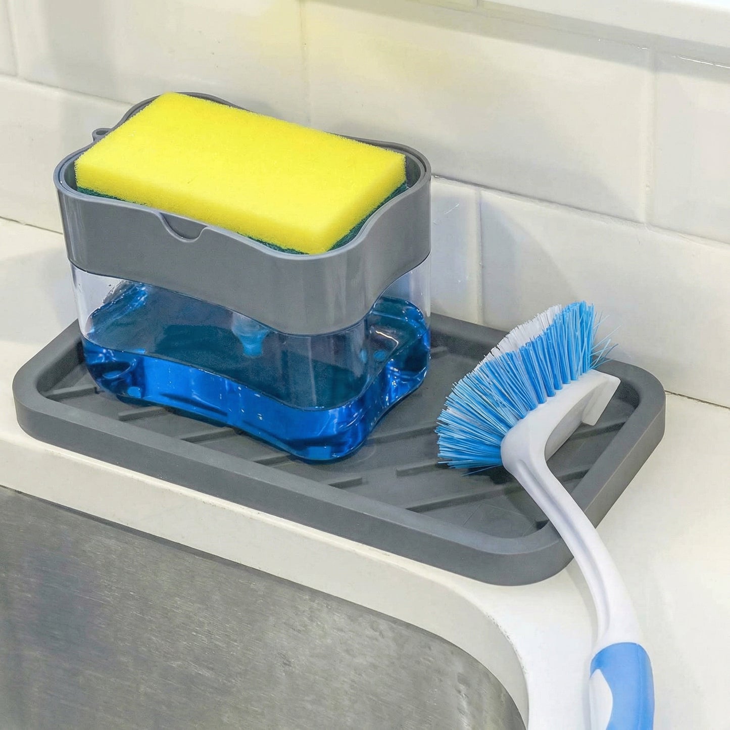 Dispenser Detergent Lichid de Vase 2 în 1,  Burete și Suport Inclus, Rezervor 385ml