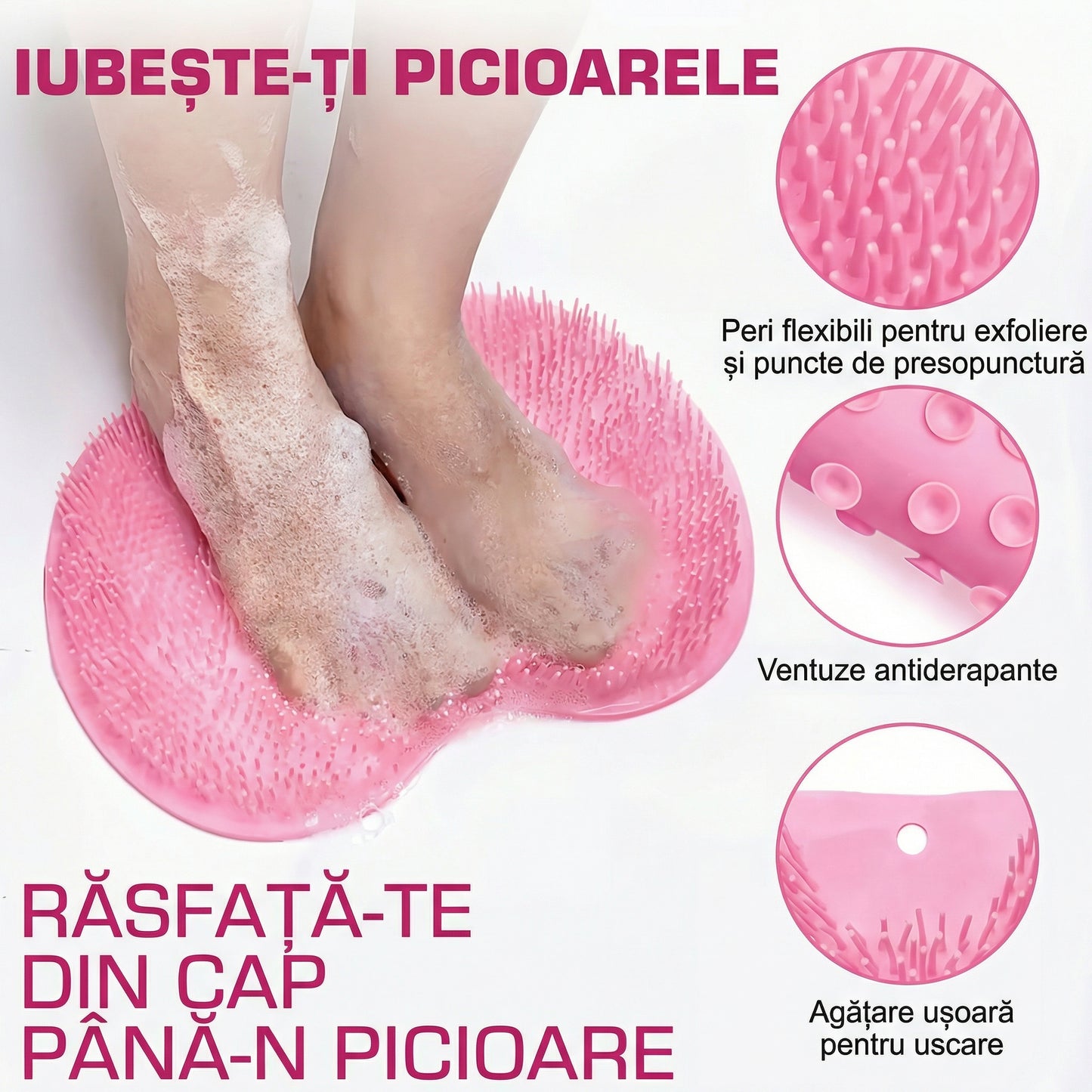 Covor de Duș Antiderapant și Masator - Exfoliere Blândă pentru Piele Netedă, Stimulează Circulația, Curățare Profundă și Îndepărtarea Pielii Moarte