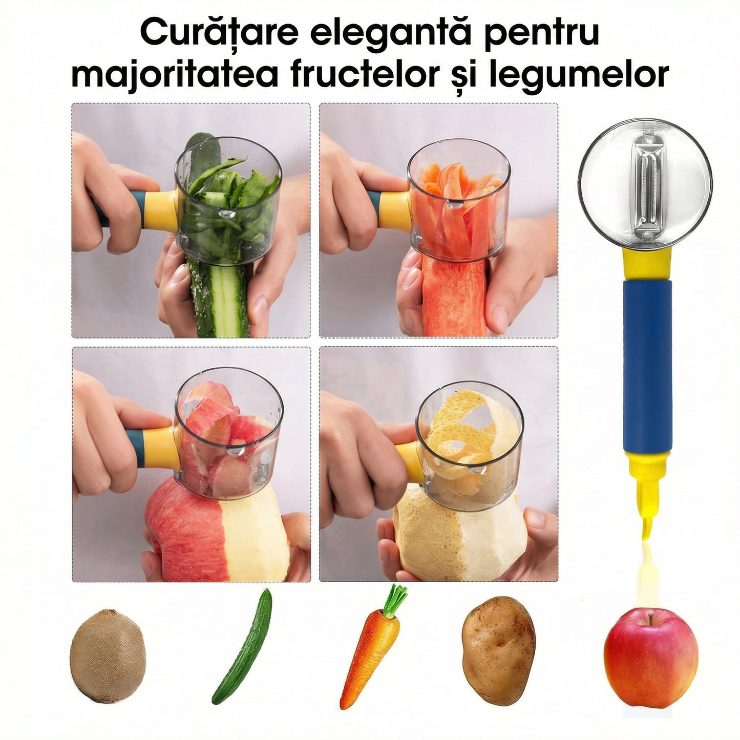 Curățător Multifuncțional din Oțel Inoxidabil pentru Bucătărie – cu Recipient pentru Colectarea Cojilor, Ergonomic, Rezistent la Rugină