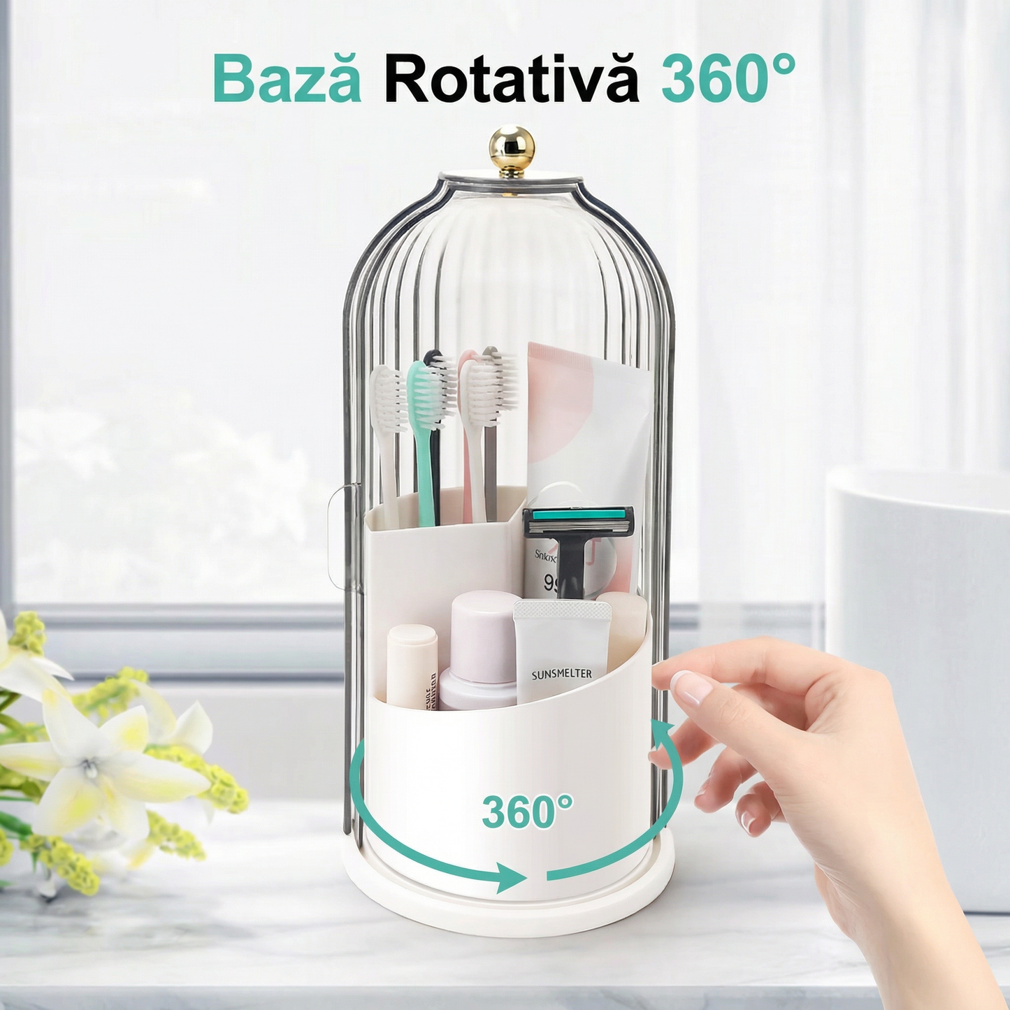 Organizator de Baie Rotativ cu 3 Sloturi, Suporturi pentru Periuțe de Dinți cu Capac Glisant și pentru Pastă de Dinți