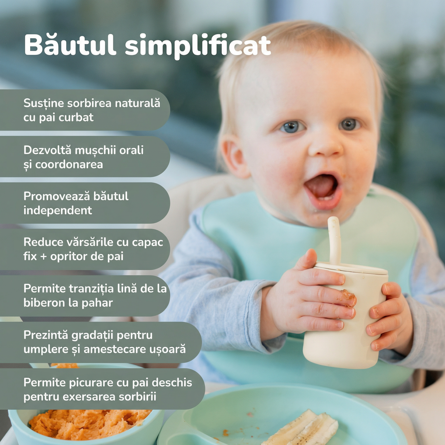 Set de 2 Pahare din Silicon pentru Bebeluși cu Pai și Capac, cu Opritor Integrat pentru Pai, Marcaje de Măsurare + CADOU
