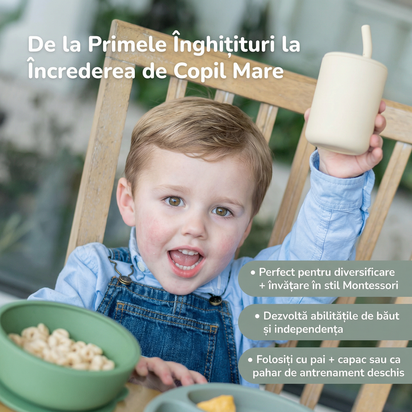 Set de 2 Pahare din Silicon pentru Bebeluși cu Pai și Capac, cu Opritor Integrat pentru Pai, Marcaje de Măsurare + CADOU