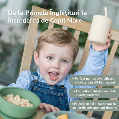 Set de 2 Pahare din Silicon pentru Bebeluși cu Pai și Capac, cu Opritor Integrat pentru Pai, Marcaje de Măsurare + CADOU