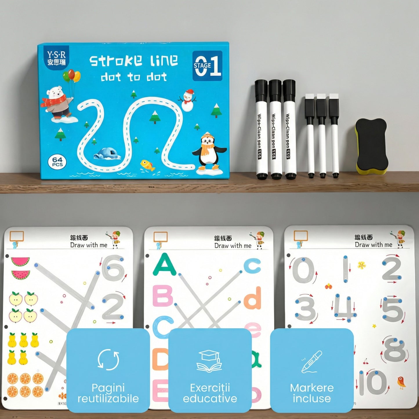 Set Interactiv de Exerciții Educative Pentru Copii cu 64 de Pagini Reutilizabile, Markere și Radieră