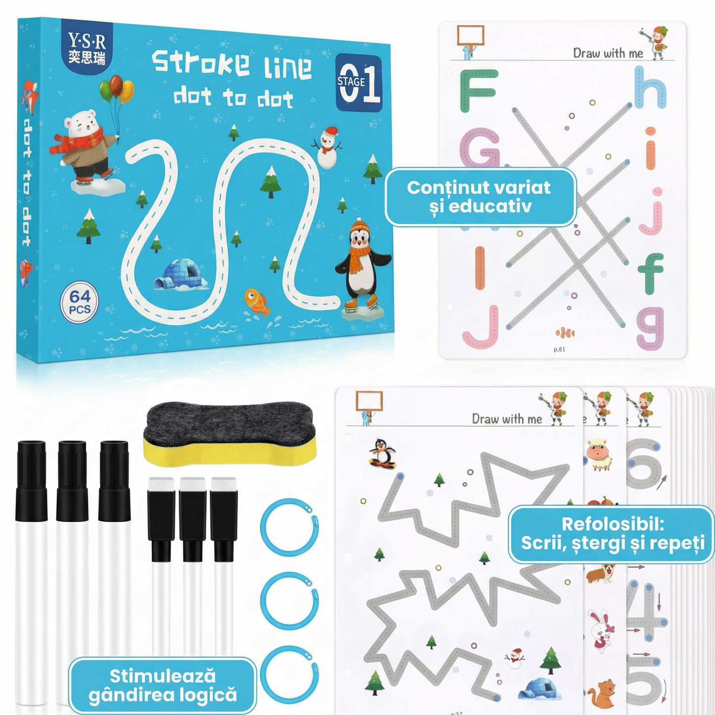 Set Interactiv de Exerciții Educative Pentru Copii cu 64 de Pagini Reutilizabile, Markere și Radieră
