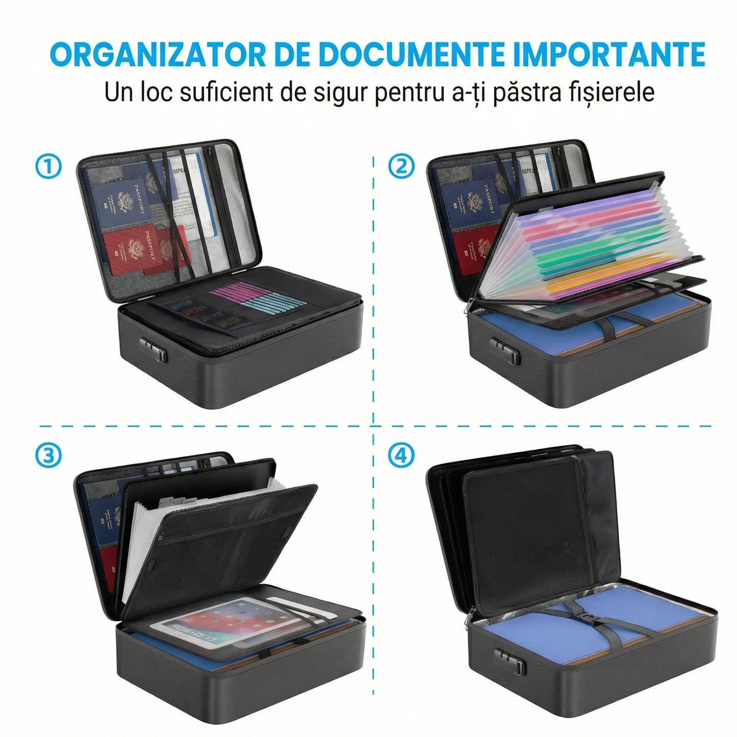 Cutie Portabilă de Arhivare cu Lacăt Rezistentă la Apă și Foc cu 13 Compartimente, Dosar Tip Acordeon, Organizator de Documente și Etichete