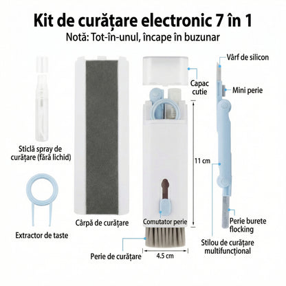 Kit Multifuncțional de Curățare Produse Electronice 7 în 1 cu Microfibră, Suport Telefon, Pulverizator și Perie pentru Electronice, pentru Laptop, Tastatură