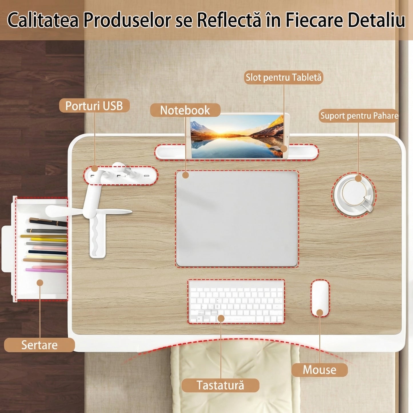 Birou pentru Laptop pentru Pat cu Port USB pentru Încărcare, cu Sertar de Depozitare și Suport pentru Pahar