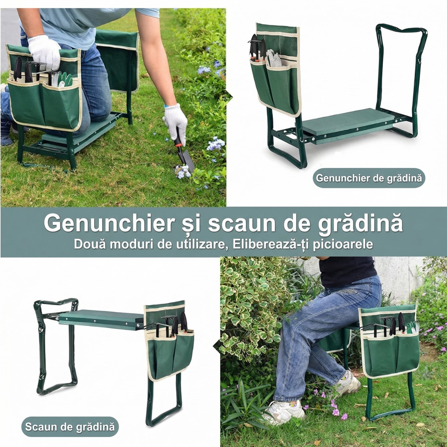 Scaun Grădină cu Pernă de Spumă, Cadru din Oțel, cu Buzunar pentru Unelte Detașabil