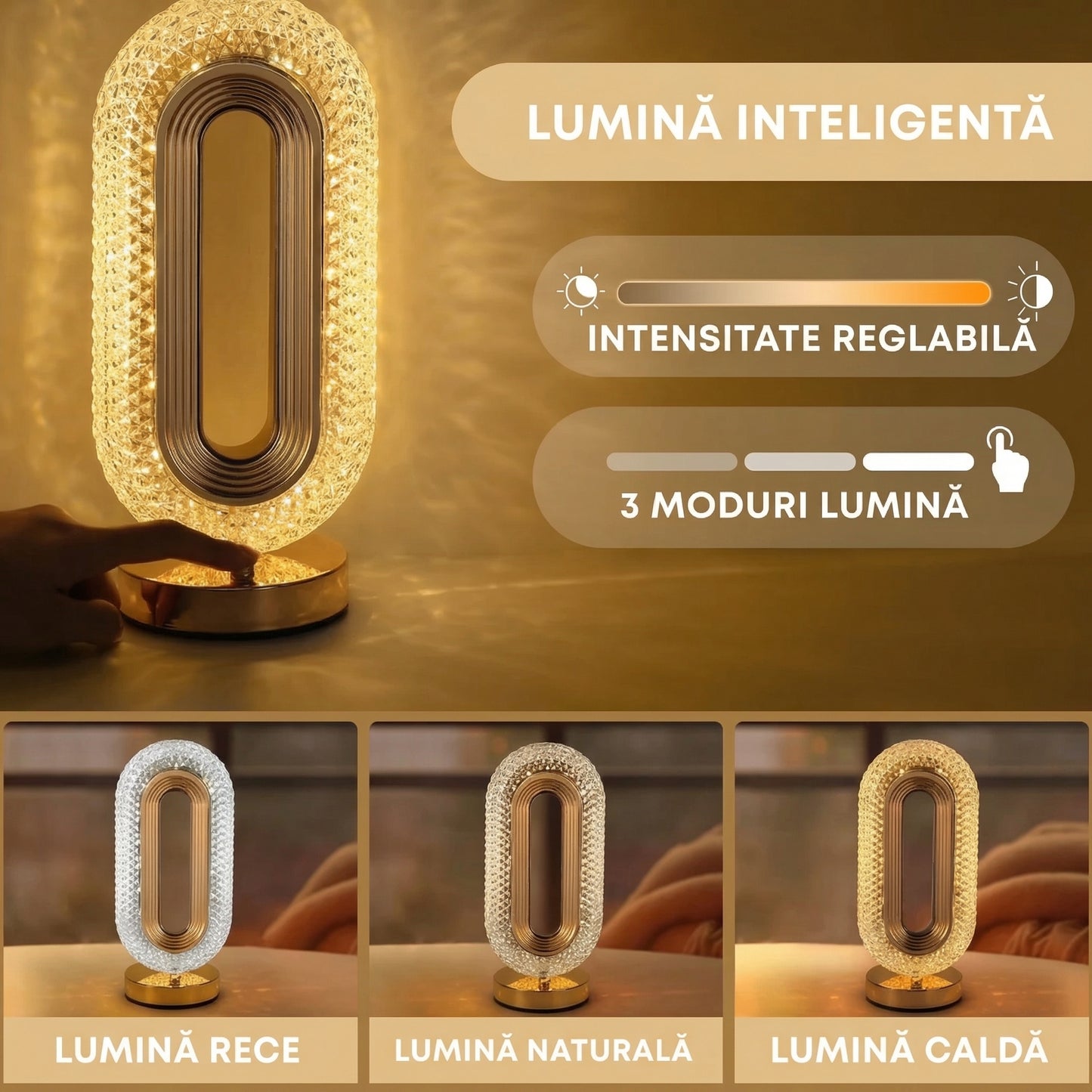 Lampa LED Tip Cristal Ovală cu Incarcare USB și Control Tactil