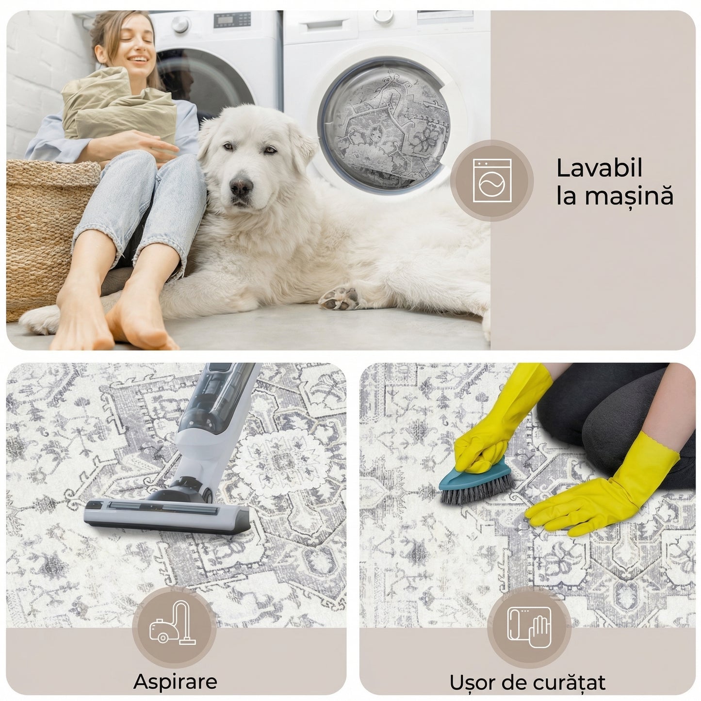 Covor Impermeabil și Anti-Derapant cu Model Persan Alb