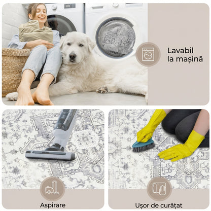 Covor Impermeabil și Anti-Derapant cu Model Persan Alb