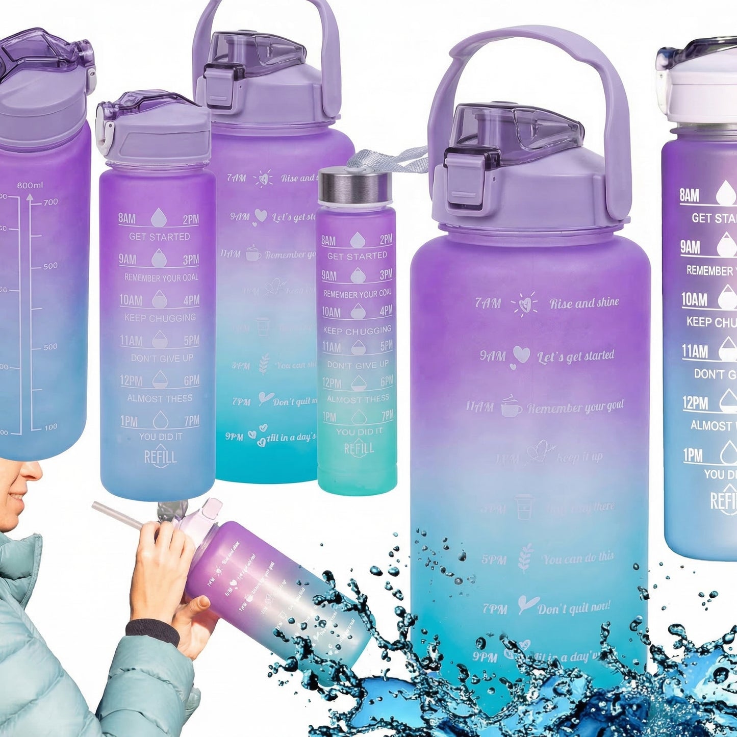 Set 3 Sticle Apă Motivațională Shaker Fitness - 2L, 0.7L, 0.3L