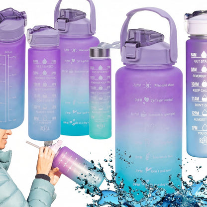 Set 3 Sticle Apă Motivațională Shaker Fitness - 2L, 0.7L, 0.3L