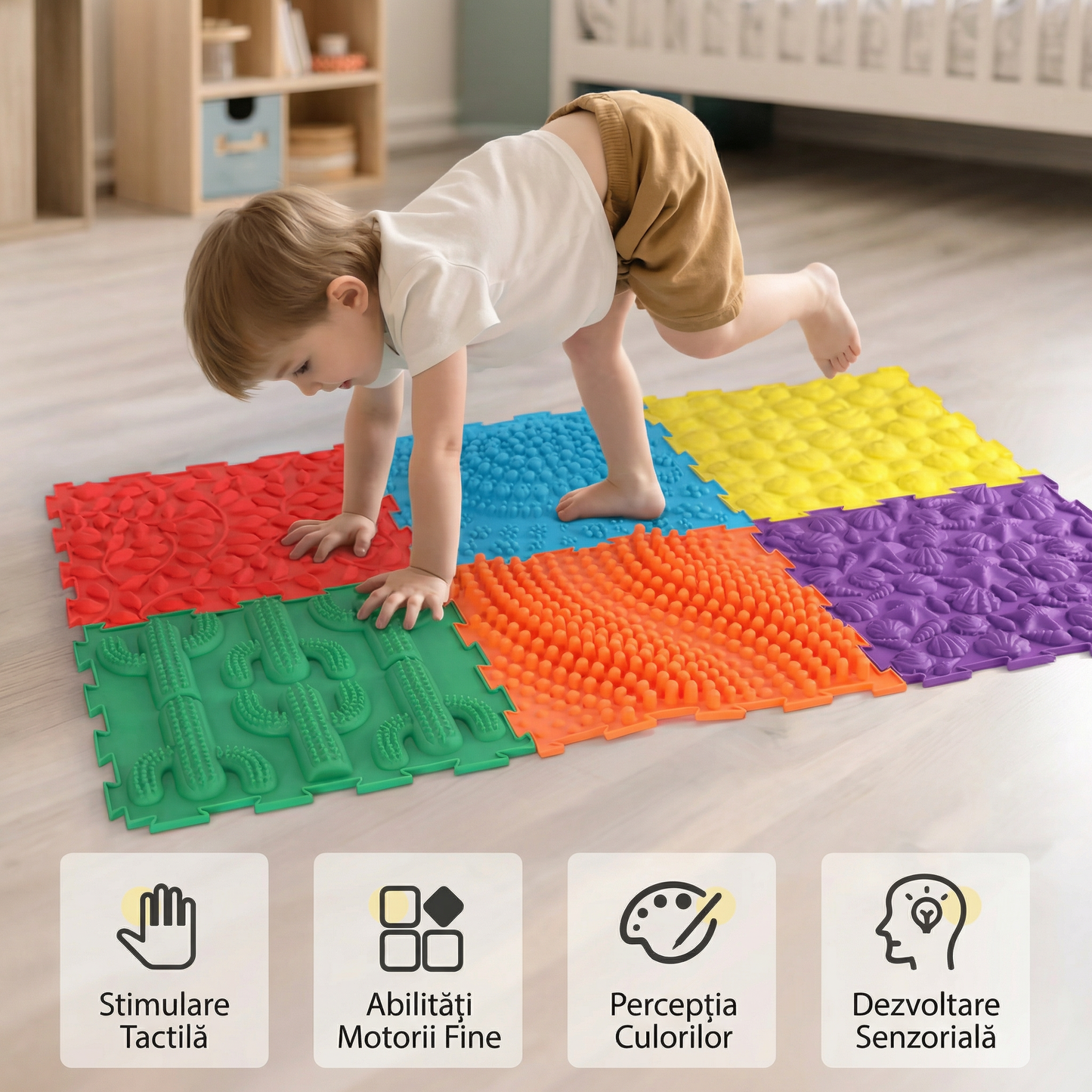 Covoraș de Masaj prin Acupresură pentru Picioare – Plăci Senzoriale Texturate Tip Puzzle pentru Stimulare Tactilă, Echilibru și Dezvoltarea Motricității la Copii