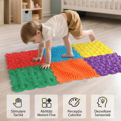 Covoraș de Masaj prin Acupresură pentru Picioare – Plăci Senzoriale Texturate Tip Puzzle pentru Stimulare Tactilă, Echilibru și Dezvoltarea Motricității la Copii