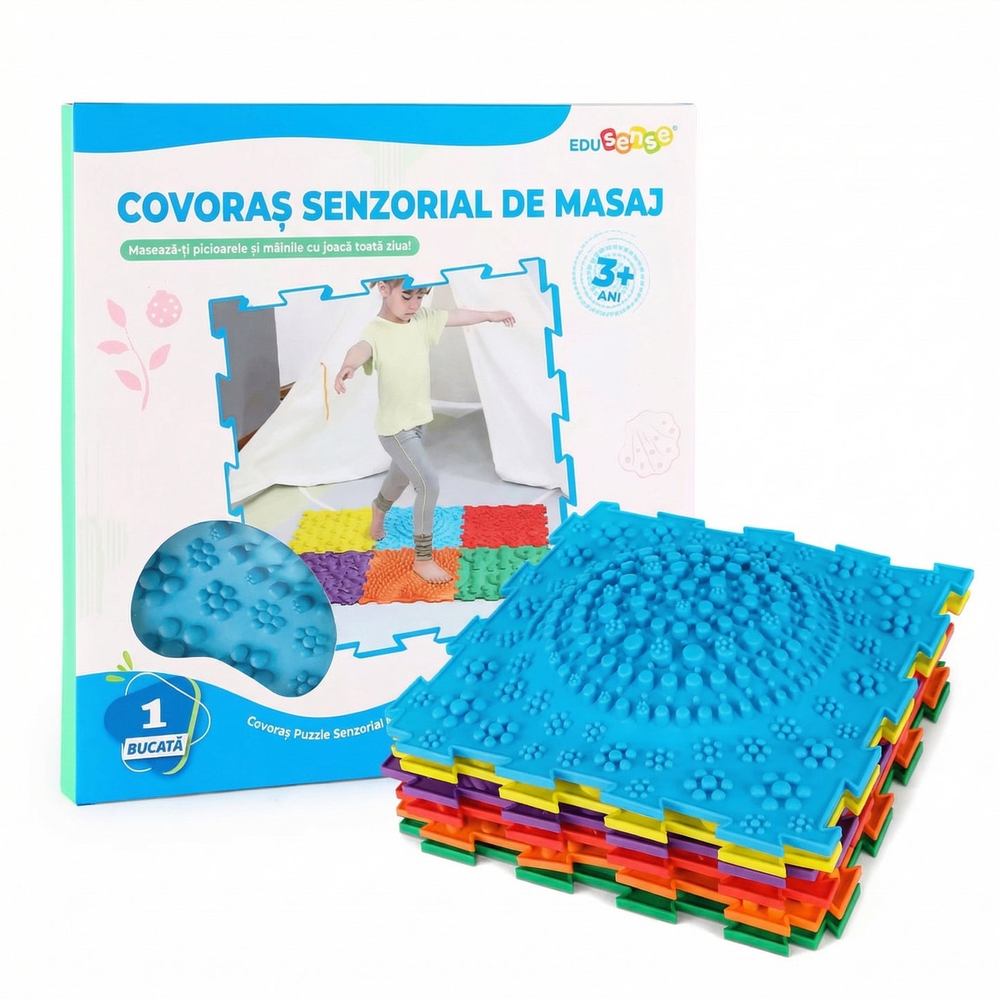 Covoraș de Masaj prin Acupresură pentru Picioare – Plăci Senzoriale Texturate Tip Puzzle pentru Stimulare Tactilă, Echilibru și Dezvoltarea Motricității la Copii