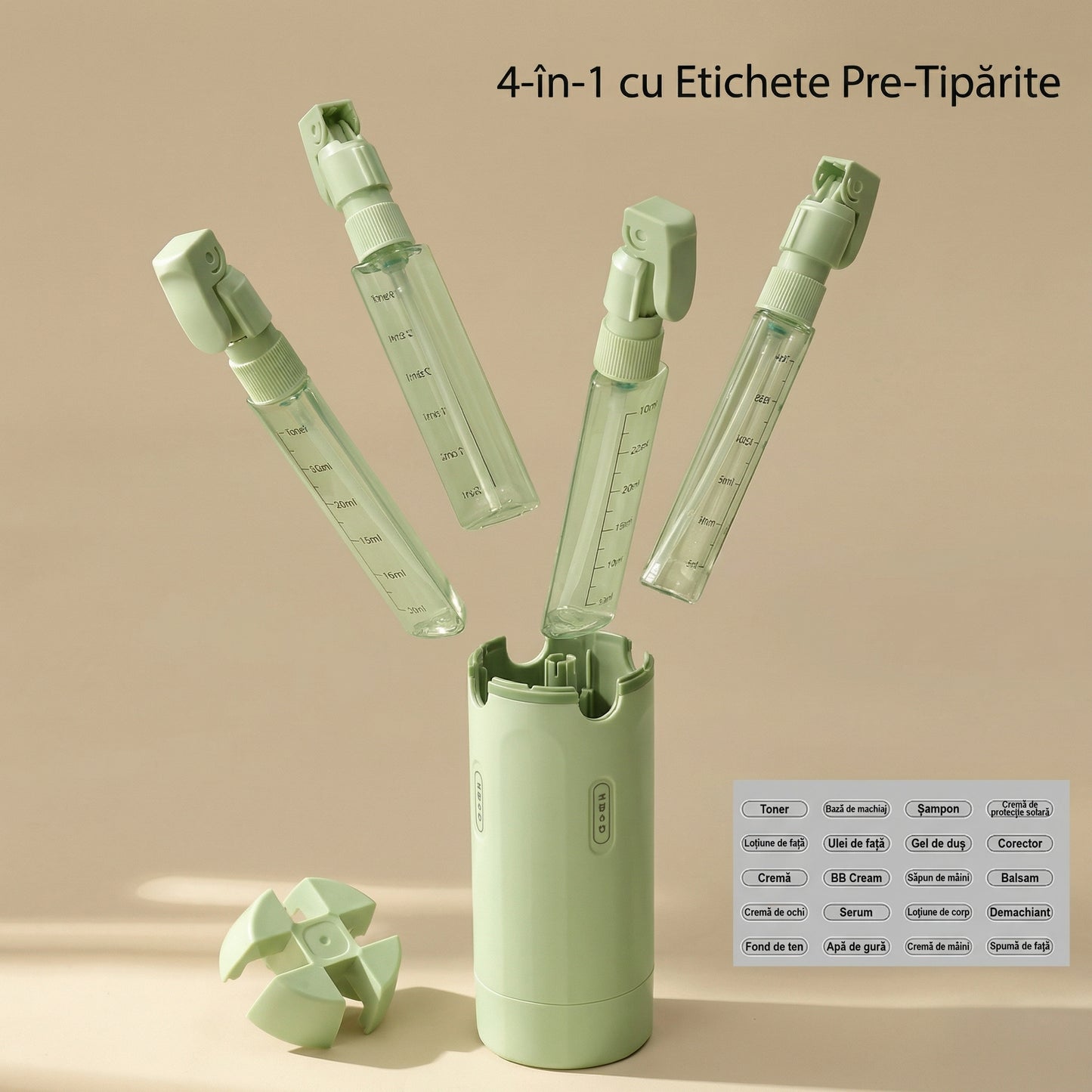 Recipient de Călătorie 4-în-1 cu Dozator pentru Cosmetice