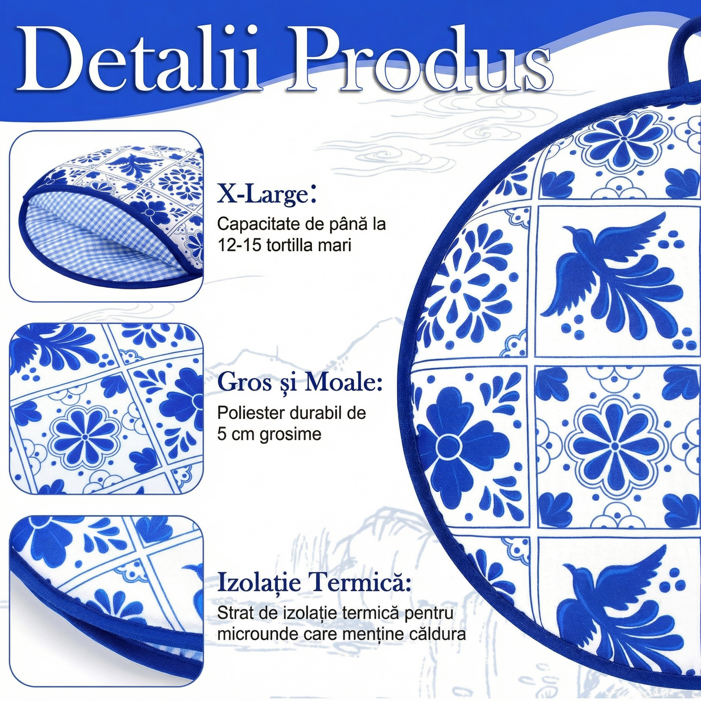 Set 2 Huse Termice pentru Tortilla, 30 cm – Model Mexican Albastru, pentru Încălzire la Microunde