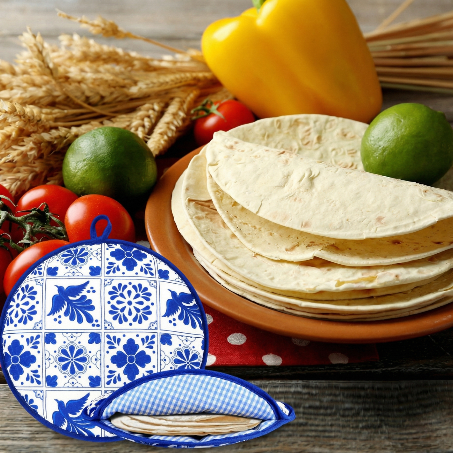 Set 2 Huse Termice pentru Tortilla, 30 cm – Model Mexican Albastru, pentru Încălzire la Microunde